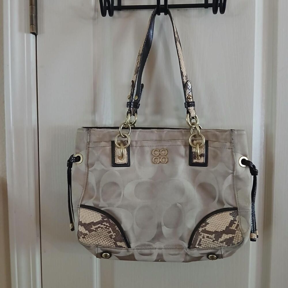 Y2K Vintage Tan Gold Snakeskin Coach Colette Signature Sateen Carryall Tote Bag